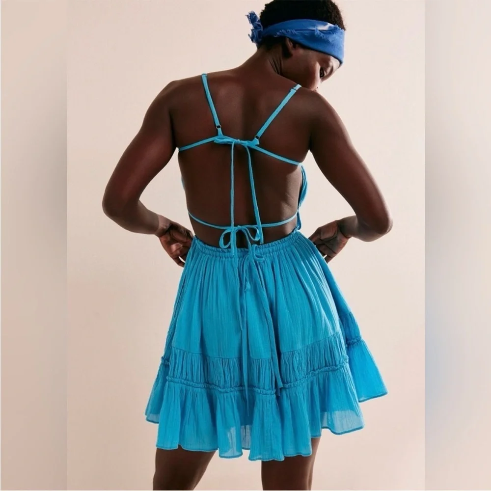 Free People Tropical Blue Ruffled Mini Dress Large